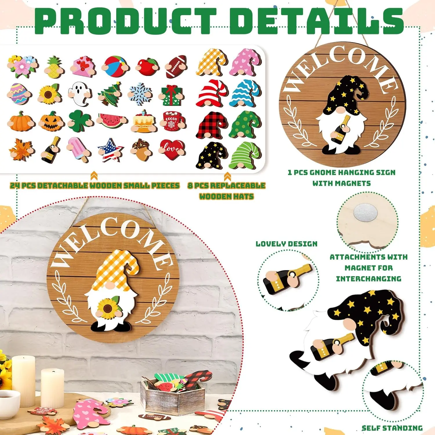 Interchangeable Wooden Gnome Decor Holiday Seasonal Gnome Decorations with Magnet Pieces and Detachable Hats Changeable Welcome Sign for Home(Simple Style) Interchangeable Wooden Gnome Decor Holiday Seasonal Gnome Decorations with Magnet Pieces and Detachable Hats Changeable Welcome Sign for Home(Simple Style)