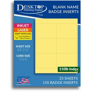 Plain Yellow Printable Name Badge Inserts, 3" x 4" Cardstock Name Tag Cards, 150 Colored Name Badge Insert Refills for Events & Conferences, Inkjet/Laser Printer - 110lb Index (199gsm) 6 Up, 25 Sheets