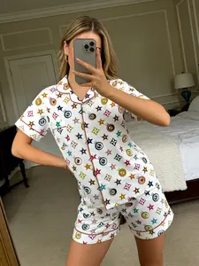 Women's Sleepwear Set Print Lapel Button Short Sleeve Top and Shorts, Casual Home Wear, Comfortable Party Sleepwear, All Seasons Loungewear