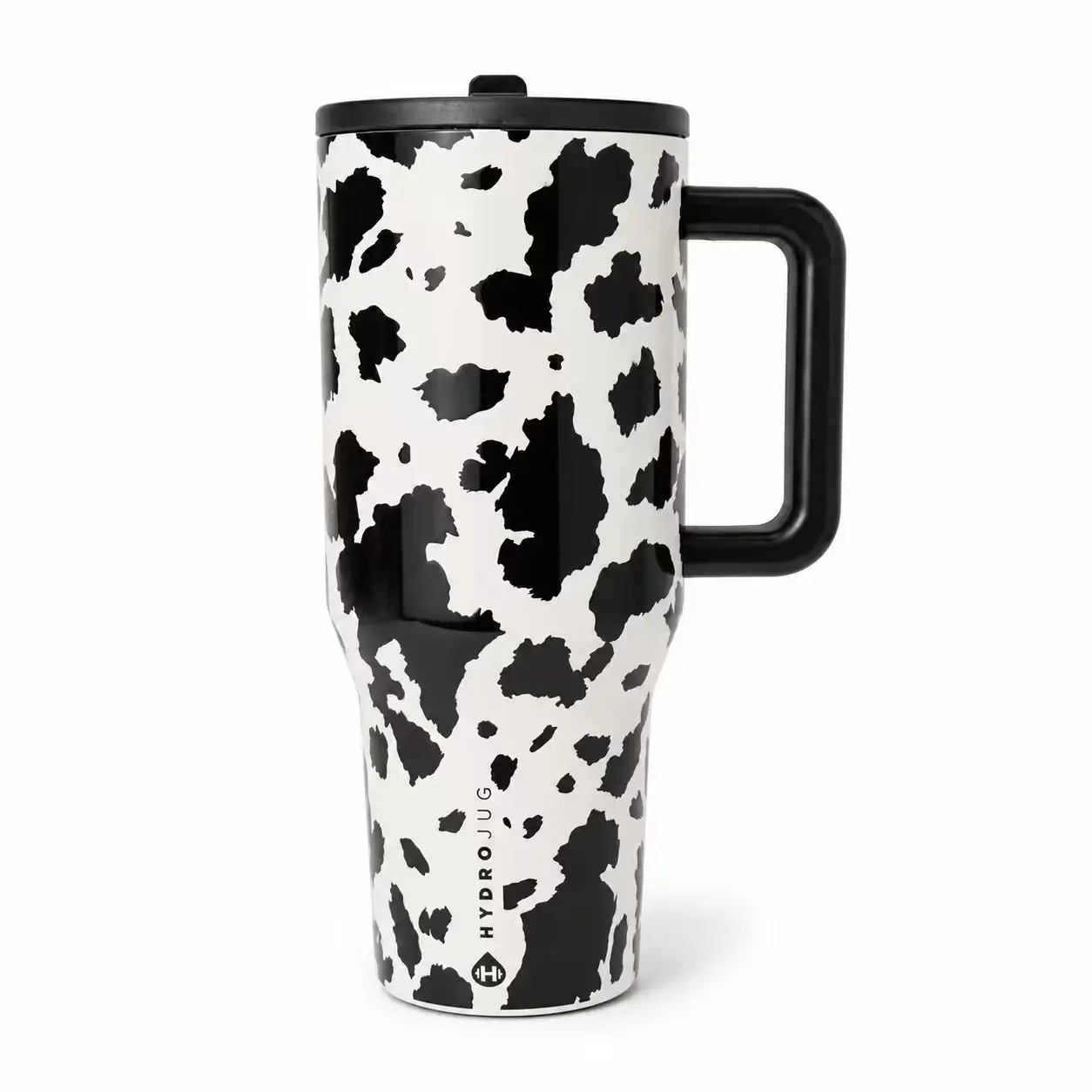 HydroJug Black and White Cow Print 40oz Hydration Cup, Double-Wall Stainless Steel Insulated Tumbler with Handle and Straw for Women, Commute, Work and Travel