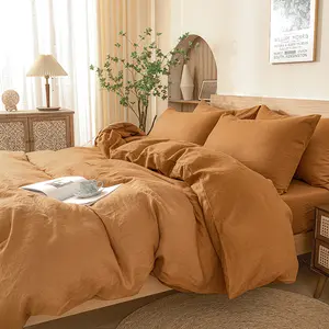 PUREFIBER 100%Natural Linen Bedding Set-RUST(1pc Duvet cover + 2pcs Pillow cases),breathable,french flax