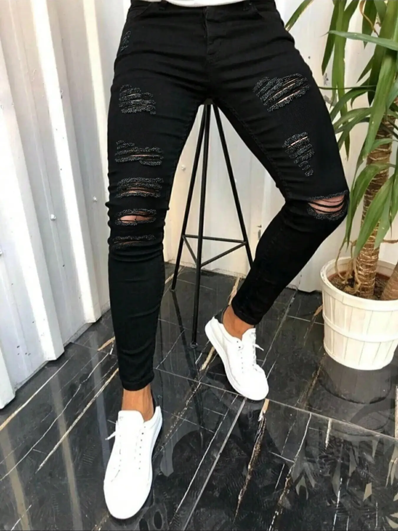 Men's Slim-Fit Denim Jeans, Ripped Design, Ripped Knee Jeans, Stretchy Comfortable Fit, Casual Street Style Streetwear Pants, Trouser for All Seasons, Jeans Distressed, Jeans Bottom