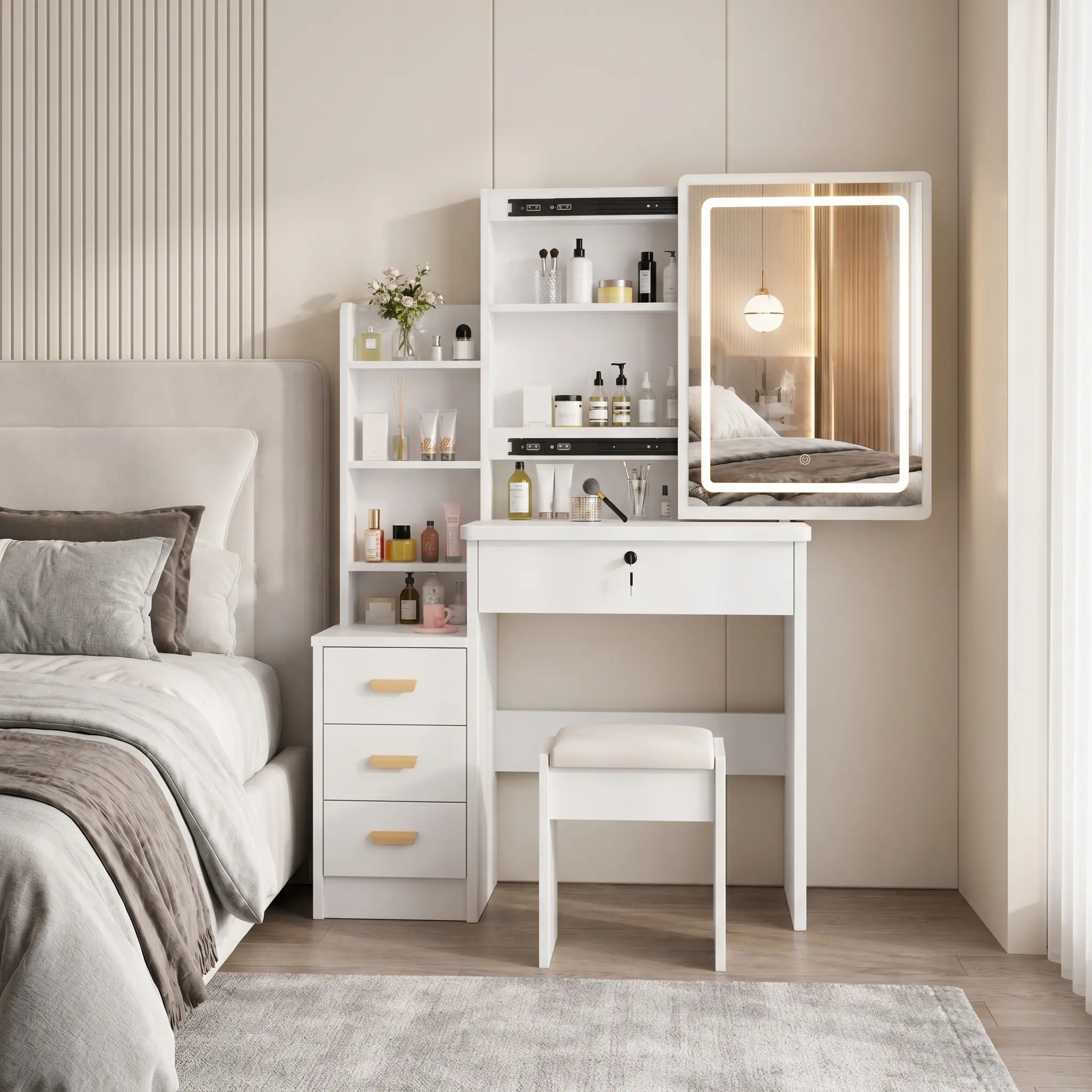 White Freestanding Dressing Vanity Table - LED Vanity Desk with 3-Color Adjustable Lighting, 4 Drawers, 4-Tier Shelving, Sliding Mirror with Hidden Storage, Modern Mirror Makeup Table for Bedrooms