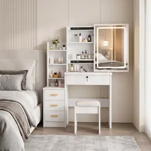 Vanity Set with Mirror and Lighting ,three-Color Adjustable Lighting4 Drawers, 4-Tier Shelving, Sliding Mirror with Hidden Storage ,Ideal for Bedrooms ,White Pantry