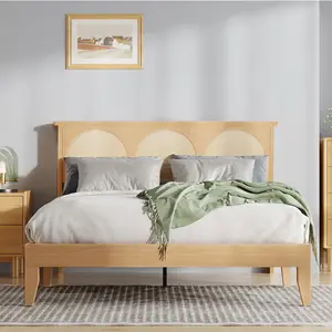 【GARVEE】Bohe Bed Frame with Natural Rattan Headboard, Smaart LED Storage Headboard - Bohemian Wooden Platform Bed, No Box Spring Needed, Under Bed Storage, Easy Assembly