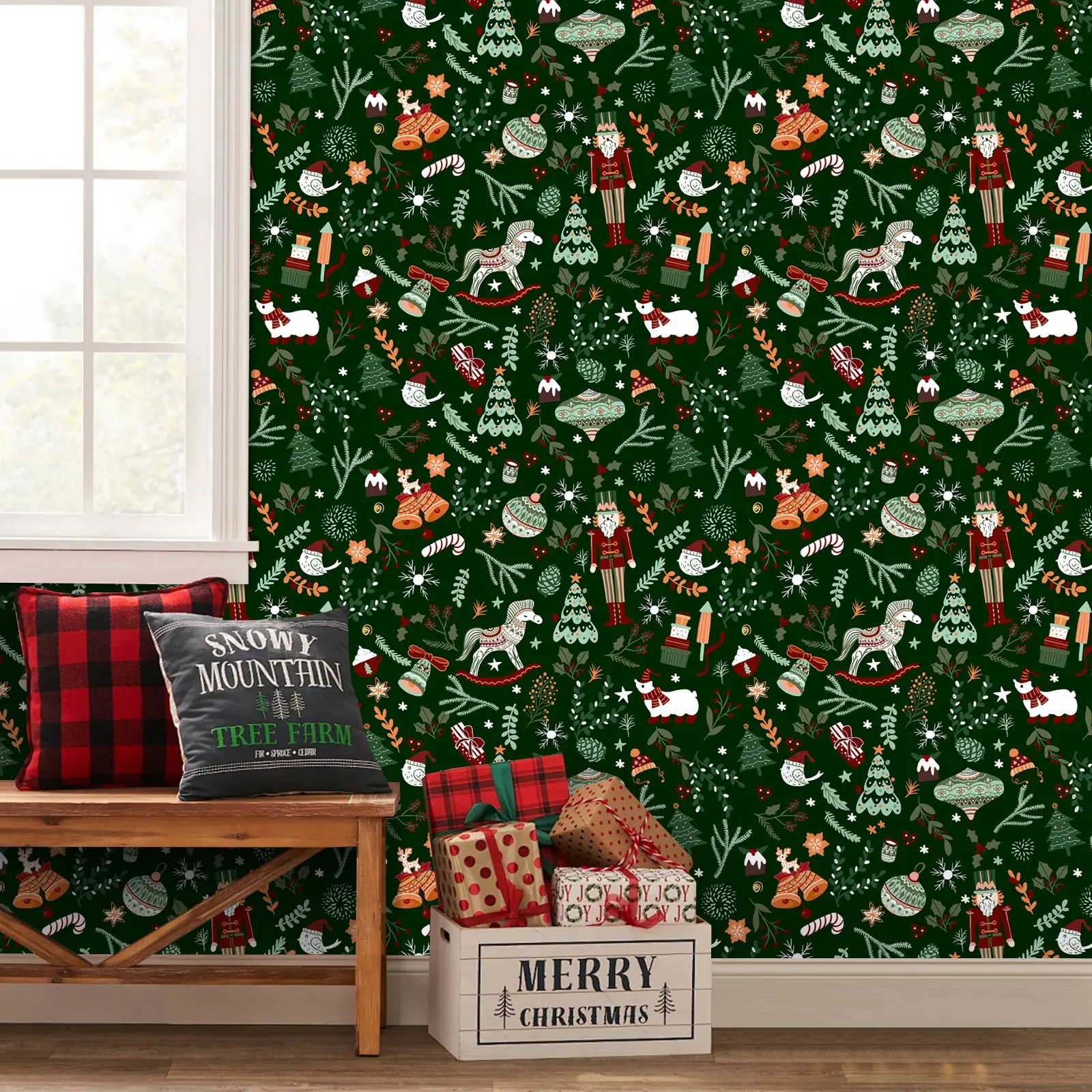 Deep Color Vintage Self-Adhesive Wallpaper Roll, Christmas Tree and Nutcracker Decorative Wall Stickers, Christmas decorations，Home Decoration Accessories, Peel and Stick Wallpaper Designs