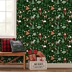 Deep Color Vintage Self-Adhesive Wallpaper Roll, Christmas Tree and Nutcracker Decorative Wall Stickers, Christmas decorations，Home Decoration Accessories, Peel and Stick Wallpaper Designs