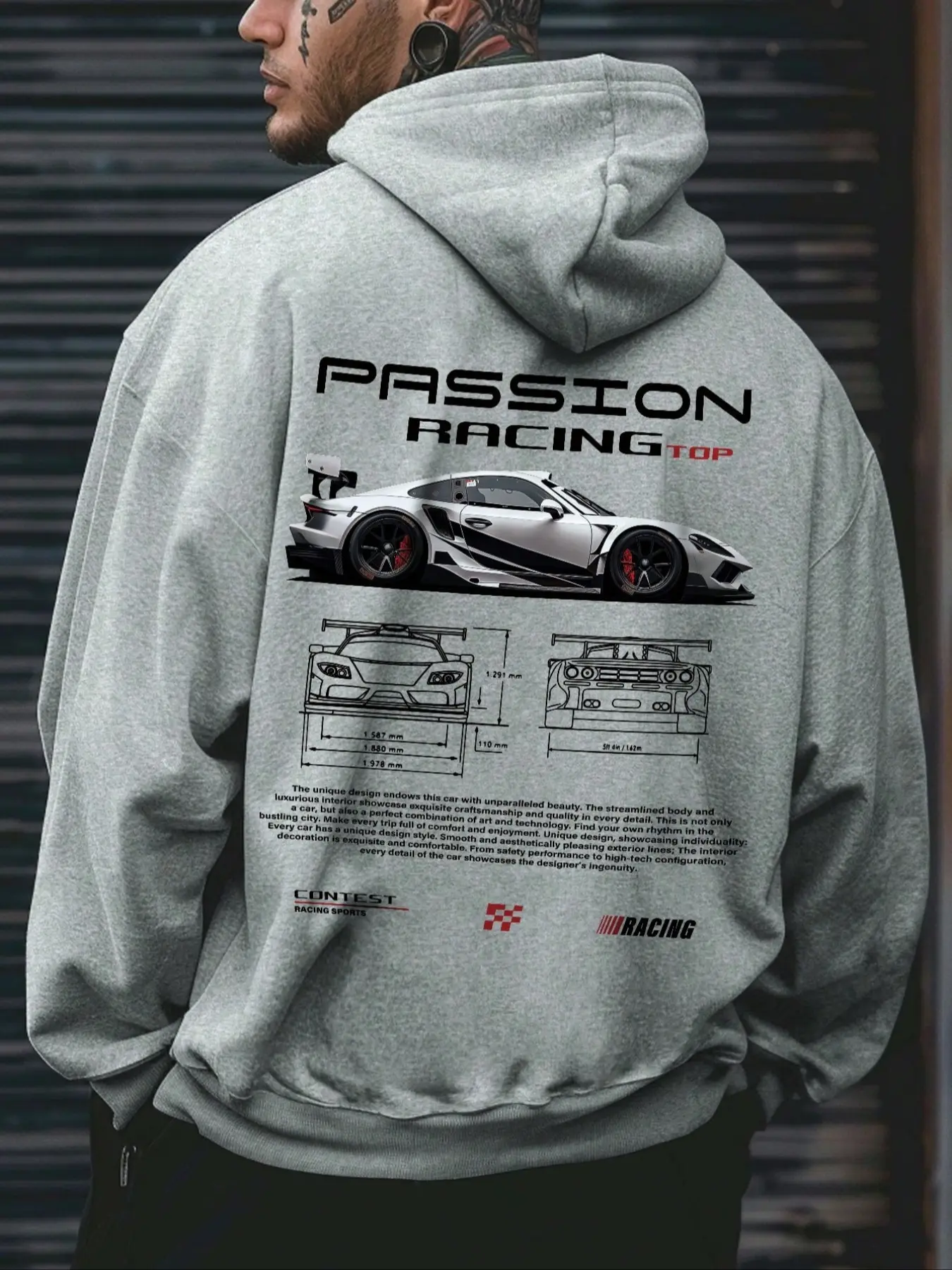 Men's Oversized Hooded Sweatshirt, Long Sleeve, Car Theme Print, Graphic, Comfortable Loose Fit, Casual Fashion, Trendy Design, Perfect for Daily Wear, Tops