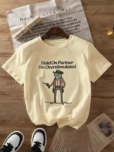 Women's Cartoon & Letter Print Round Neck Tee, Fashion Casual Short Sleeve T-shirt for Daily Wear, Ladies Summer Clothes