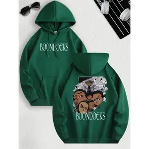 1pc Polyester The Boondocks Cartoon Graphic Hoodie for Men, Regular Fit with Slight Stretch, Casual Long Sleeve Pullover with Hood, Drawstring, and Kangaroo Pocket for All-Season Comfort