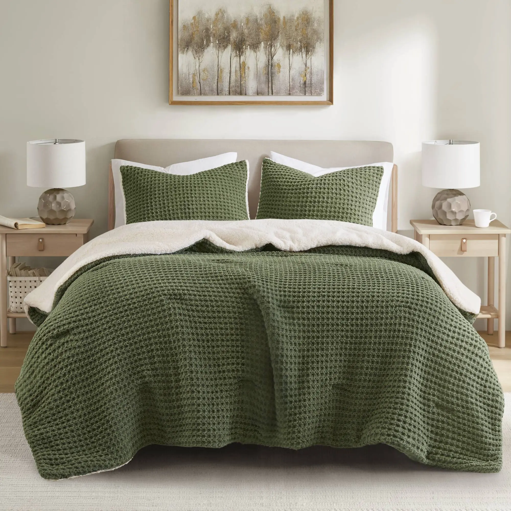 King/Cal King Waffle Knit Chenille Comforter Set, 3-Piece, Olive – Soft Textured All-Season Bedding, Lightweight Down Alternative Fill, Machine Washable, Includes 1 Comforter & 2 Pillow Shams