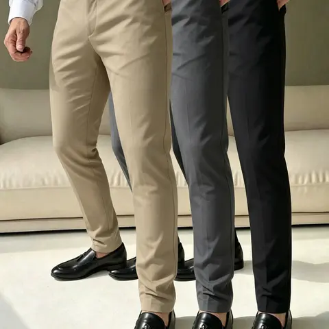 Men’s business casual dress pants, slightly stretchy fabric, slim fit for a slimming look, half elastic waistband