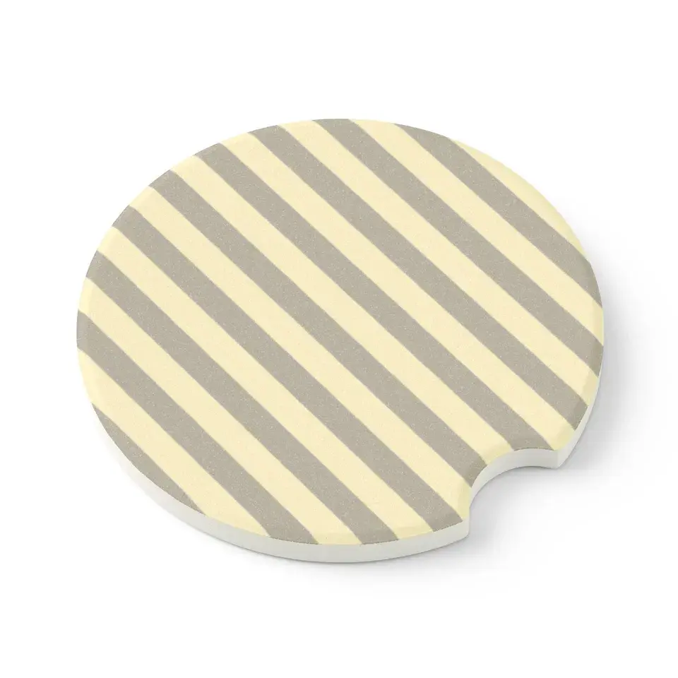 Set of 2 Striped Soapstone Car Coaster, Cup Holder Coaster, Brown and Butter Yellow Design