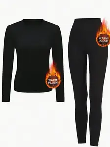 Women's Warm Fleece Thermal Underwear Set, Comfortable Base Layer, Outdoor Ski Warm Tights & Long Sleeve Round Neck Top & Pants Sets, Suitable For Yoga