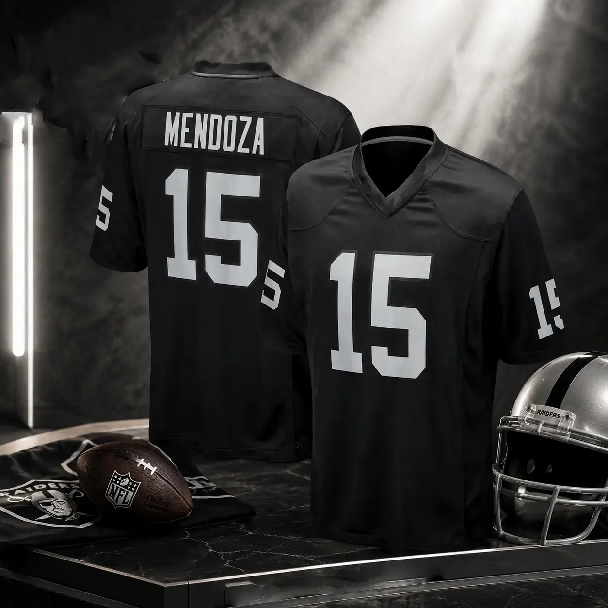 Black Football Jersey #15 Doza Stitched Player Shirts with Full Logo Details - Black Silver Game Day Fan Apparel B