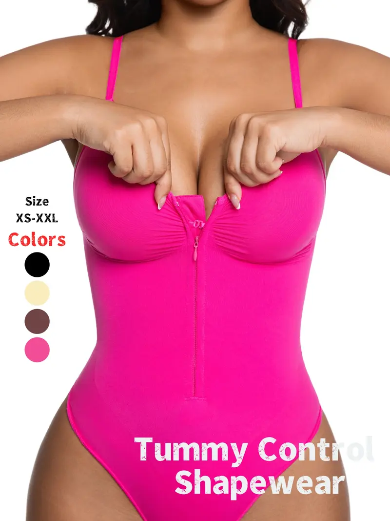 Women's Seamless Shapewear Bodysuit, Front Zipper Design, Tummy Control Thong Style, All Seasons Wearable, Comfortable Fit