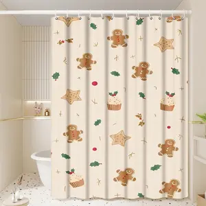 1pc Gingerbread Man Dessert Shower Curtain,Bathroom Decor, Bathroom Decoration Accessories, 70.9x70.9in Hanging Curtain with Hooks, Ideal Gift for Housewarming or Friends