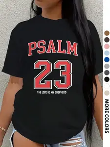 Women's "PSALM23" Number Print Round Neck Tee, Vintage Trendy Casual Short Sleeve T-shirt for Daily Wear, Ladies Summer, Top