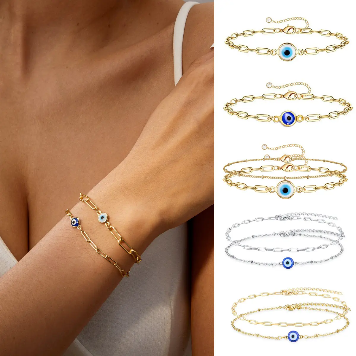 Women's Handmade Gold Turkish Evil Eye Motif Bangle Zircon-Adorned Wrist Chain Daily Unisex Lucky Fashion Costume Jewelry Elegant Design Pretty Bracelet Trendy Fashionable Accessories Blue And White Bracelet Evil Eye Stackable Bracelets