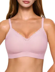 LEHOBA Wireless Push Up Scalloped Bra for Women Minimalist Supportive Seamless Lace Bra Comfortable Everyday Wear Jelly Bra Full Coverage with Adjustable Straps Bralettes Lace Trim Design
