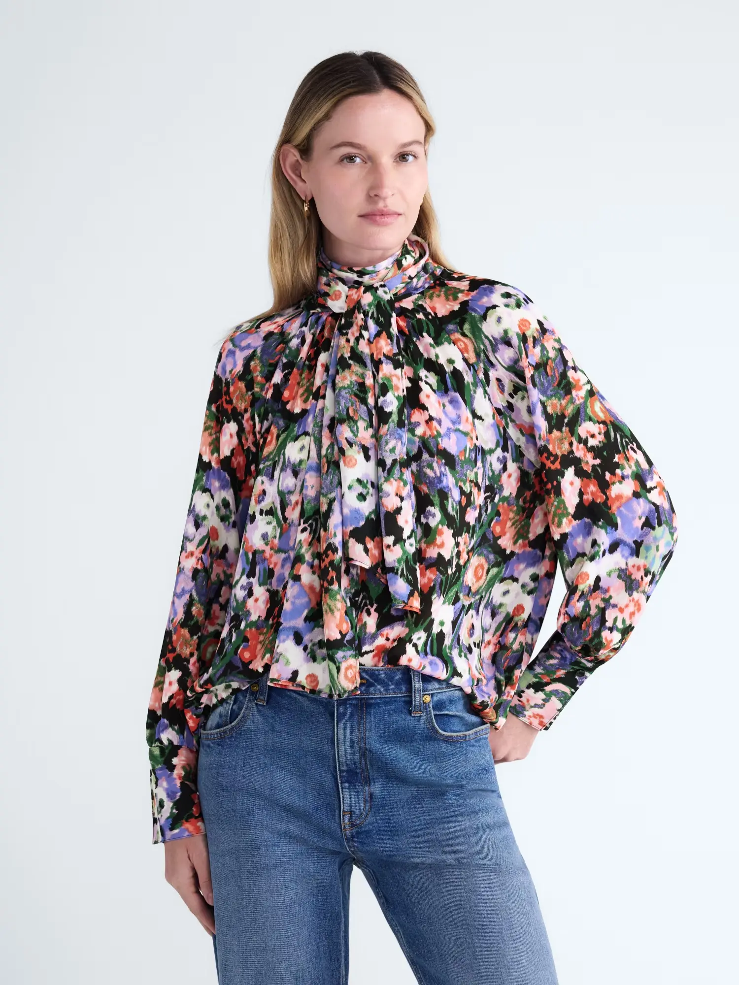 20083253368 - Women's Tie-Back Blouse, Relaxed Fit, Mock Neck, Bishop Sleeves, Lightweight Polyester Top