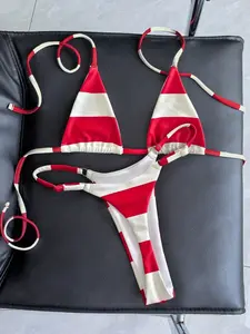Swim Vcay Sexy Red & White Striped Micro Top & Thong Bottom Bikini Set, Bathing Suit For Summer Beach Vacation