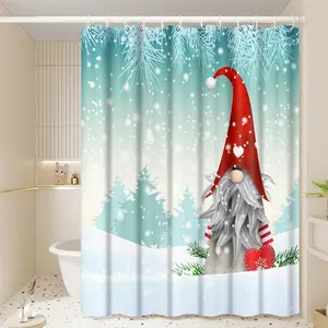 Nordic Christmas Gnome Shower Curtain, Winter Snow Forest Design, 70.9x70.9in with Hooks, Perfect for Holiday Decor & Gifts