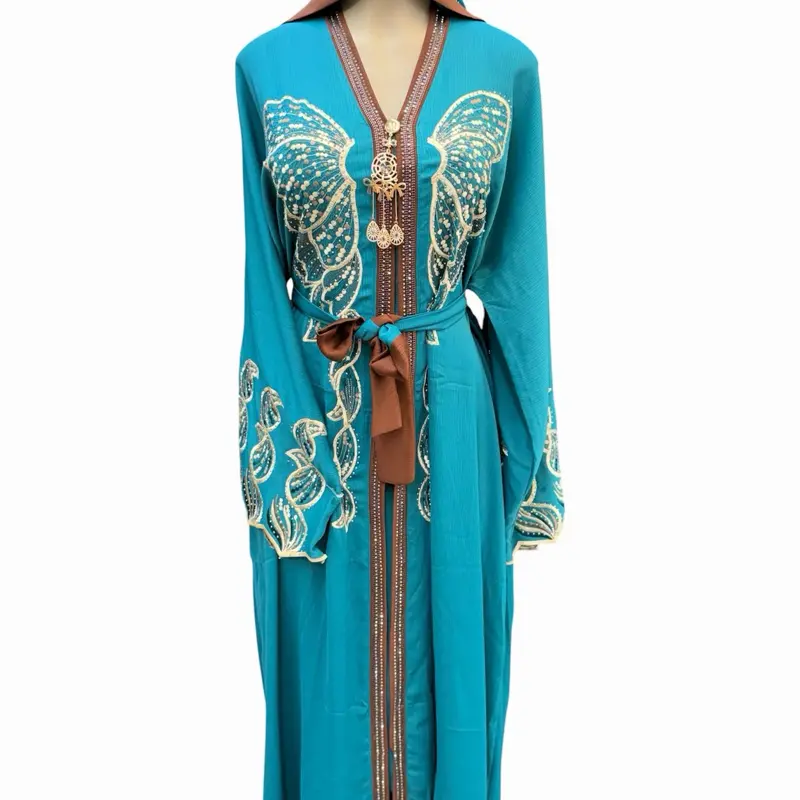 Butterfly Embroidered Modest Abaya Dress in Emerald and Light Blue