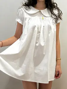 Sweet Cute Woven White Dress with Pleated Peter Pan Collar, Puff Sleeves, Loose A-Line Solid Summer Casual Short Dress for Women