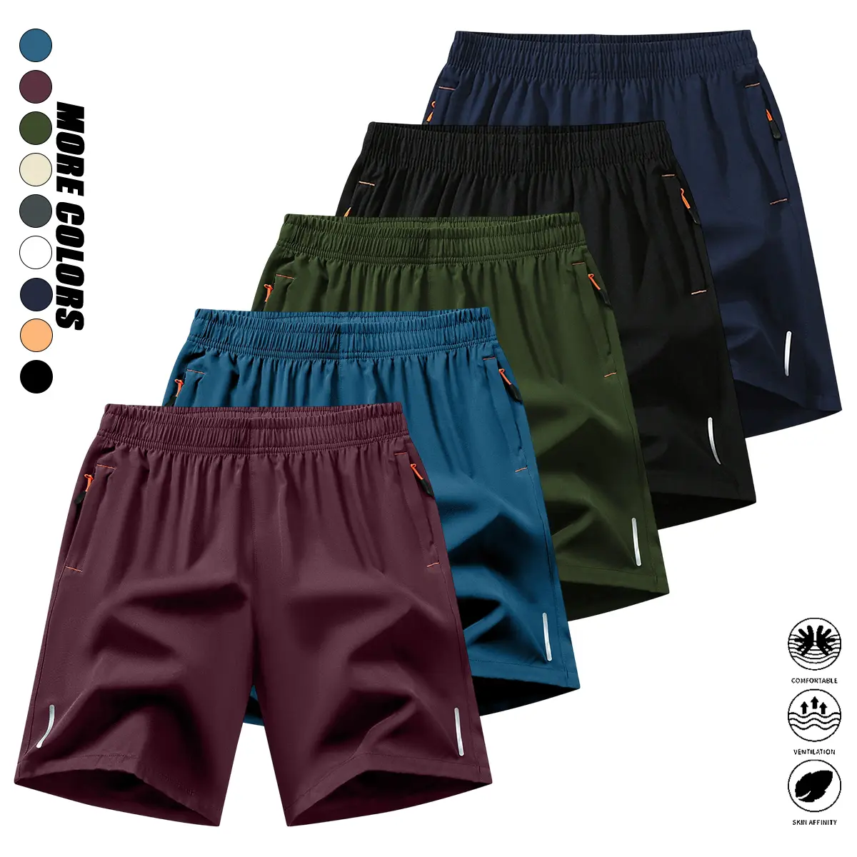 Men’s Polyester Athletic Shorts (Pack of 5) - Solid Colors, Elastic Waist, Zip Pockets, Breathable Casual Summer Bottoms for Running, Fitness, Soccer, Badminton, Comfortable, Fashion, Male, More Colors, Assorted Color Men's Shorts