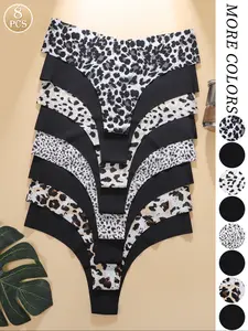 Women's Solid & Leopard Print Underwear Set, Comfortable Skin-Friendly V-Shape Pull-Up Waist Design, Seamless Thong Panties, 8 Pieces, Fit