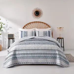 3pcs Quilt Set, Patchwork Plaid Printed Bedspread Coverlet Set, Soft Microfiber Boho Bedding Set with 1 Quilt 2 Pillowcases
