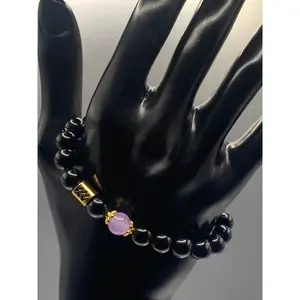 Aquarius Zodiac black obsidian with lavender agate semi precious stone/crystal elastic beaded bracelet with gold accents