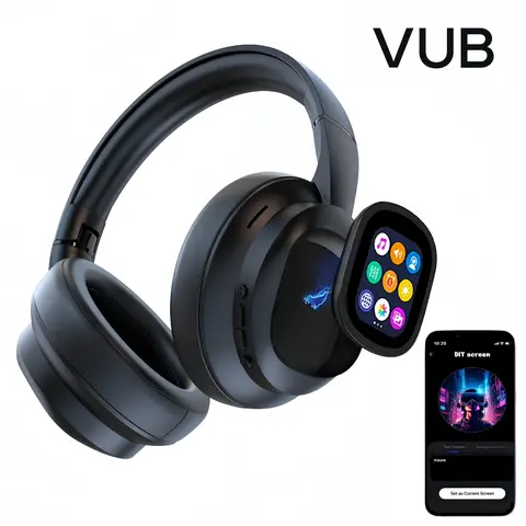VUB Over Ear Folding Noise Cancelling Headphones - Portable Wireless Bluetooth LCD Touchscreen Stereo Plastic Gadget Style Headphones with Adjustable Lightweight Design, Waterproof Build, DIY Wallpapers, Retractable Charging Cable for Cellphones