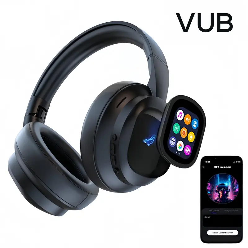 VUB Over Ear Folding Noise Cancelling Headphones - Portable Wireless Bluetooth LCD Touchscreen Stereo Plastic Gadget Style Headphones with Adjustable Lightweight Design, Waterproof Build, DIY Wallpapers, Retractable Charging Cable for Cellphones