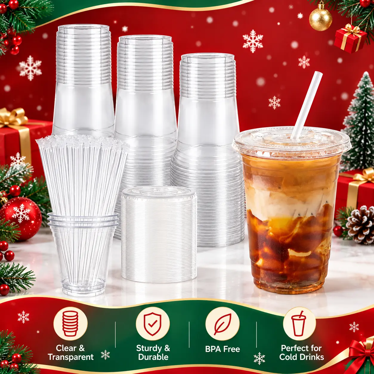 Disposable 16oz PET Plastic Cups with Lids and Straws (50/100 Sets) - 50 Sets Option, Easy to Use, Ideal for Cold Drink, Picnic, Birthday, Iced Coffee, Party Supplies Disposable Tableware