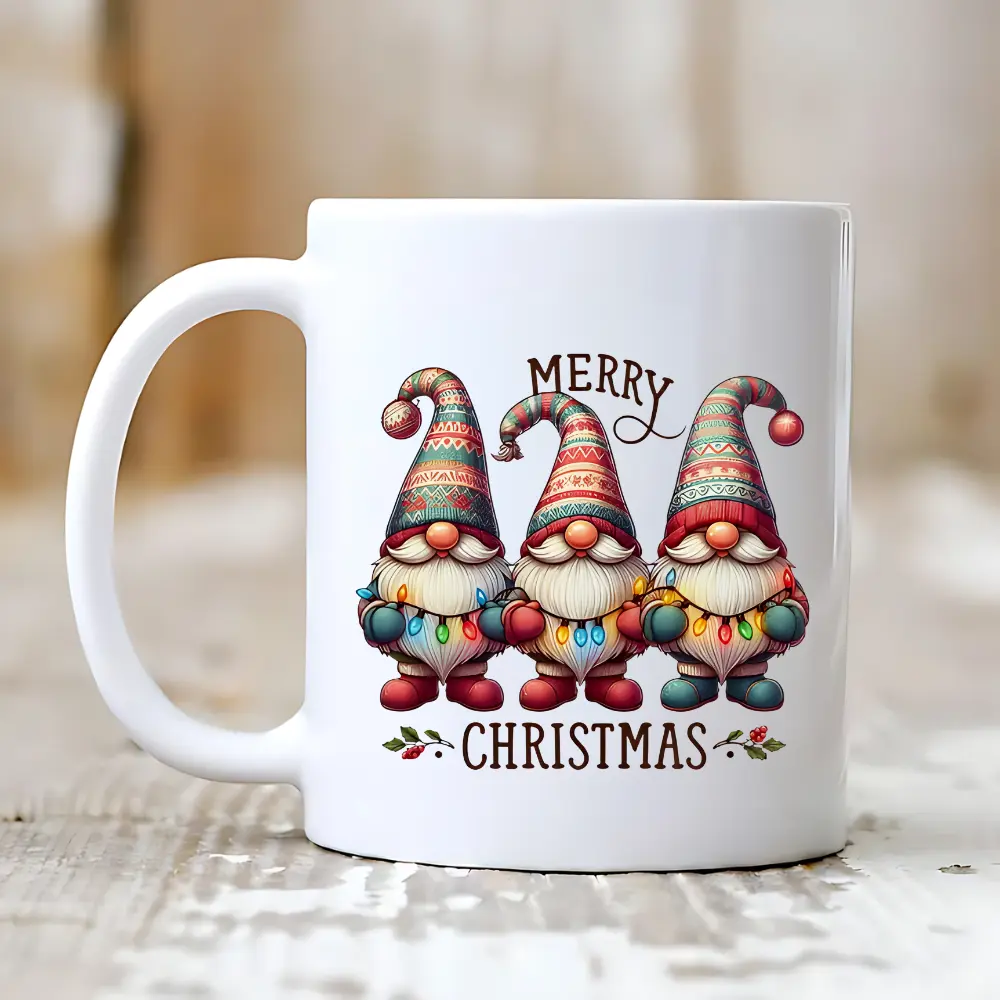Customised Porcelain Christmas Gnome Printed Coffee Mug - 2 Sizes (15oz, 11oz), Dishwasher Safe Festive Kitchenware Drinkware, Fast Shipping Service for Holiday Beverages, Two Sizes