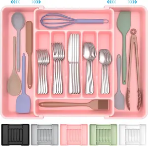Extra Large Expandable Silverware Organizer, BPA-Free Food-Safe Cutlery Flatware Organizer, Kitchen Utensil Drawer Organizer, Adjustable Silverware Holder for Spoons Forks Knives, Pink