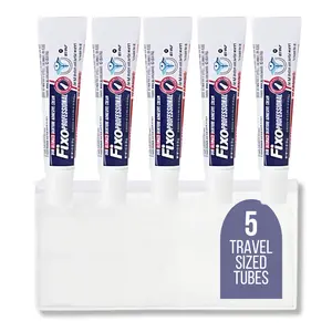 FIXO Professional Denture Adhesive Cream - Travel Size 5 Tubes with Zipper Pouch - TSA Approved Non-Medical Adhesive for Secure Fit - Ideal for Seniors Travelers & Caregivers