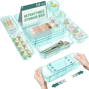14 Pcs Clear Adjustable 3-Size Drawer Organizer Acrylic Storage Bins for Makeup Kitchen Utensils Bedroom Dressers Gadgets Blue