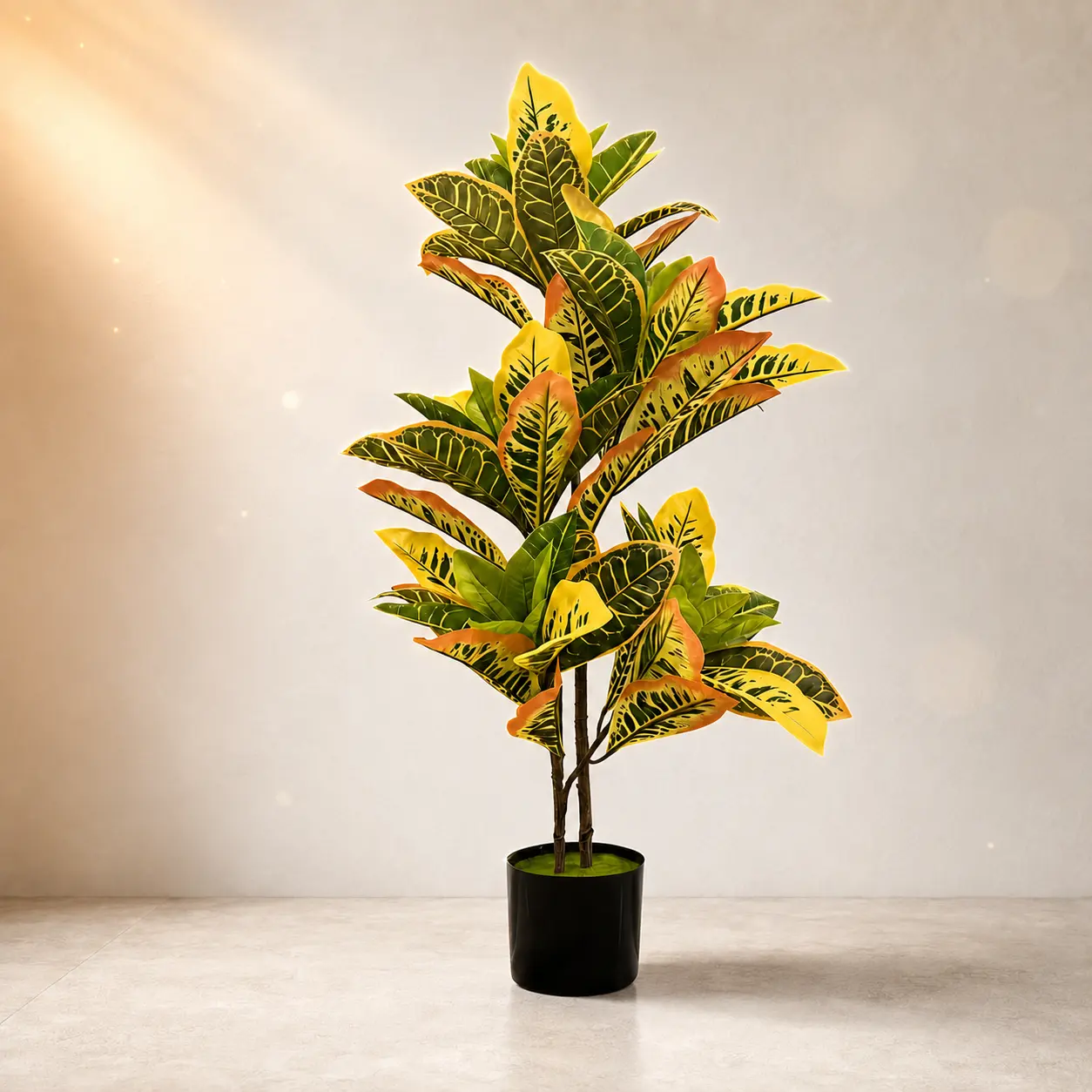 3.2FT Artificial Croton Tree with Black Pot, Lifelike Multicolor Variegated Faux Floor Plant for Living Room, Office, Bedroom and Entryway Decor
