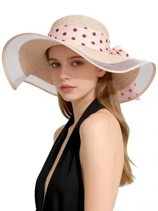 Women's Polka Dot Summer Straw Beach Hat, Multifunctional UV Protection Panama Style Sun Hat, Fashion Outdoor Accessory
