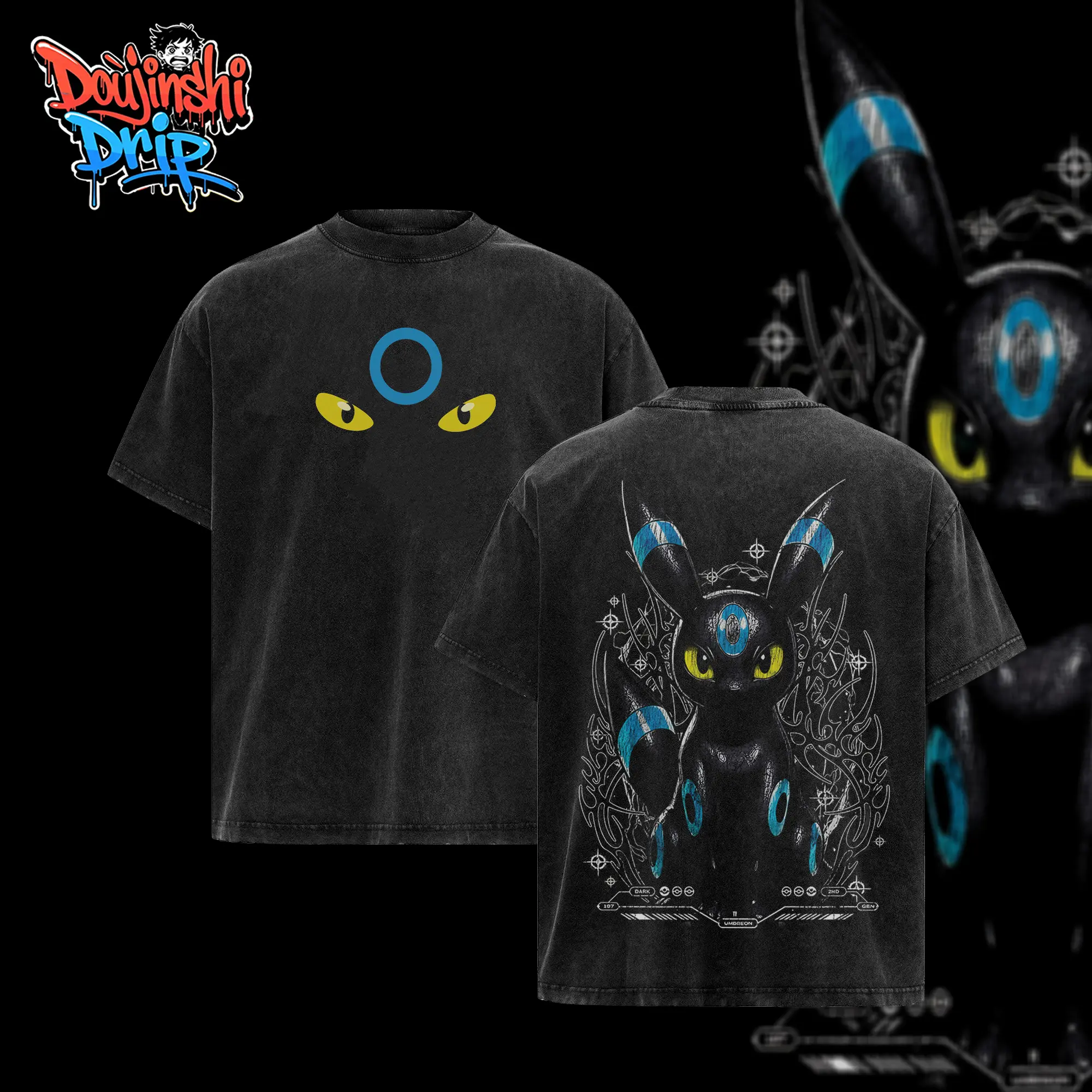 [Doujinshi] Vintage Umbreon Acid Washed T-shirt Unisex Oversized Anime Manga T-Shirt Heavyweight Cotton Tee for Anime Fans, Pocket Monster merch, T-shirt anime gift, Anime Streetwear, Shiny Rayquaza T-shirt, graphic tees