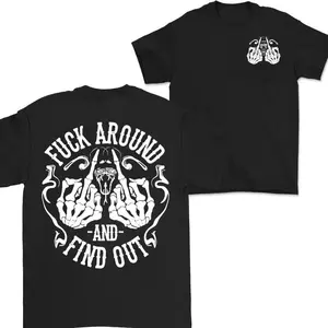 2-Sided Skeleton-Hand Graphic Short-Sleeve Round Neck Streetwear Top, Funny "Fck Around n Find Out" Casual Saying, Menswear Gift for Him or Dad
