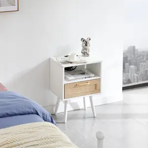 15.75" Rattan End table with Power Outlet  & USB Ports , Modern nightstand with drawer and solid wood legs, side table for living room, bedroom, white    RR