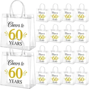24 count Cheers to 60  Clear PVC  Bags with Handles 60   Bag Glitter  60th  Plastic Tote for 60th Anniversary and Birthday Party Supplies, 8 x 8 x 3.15 Inch
