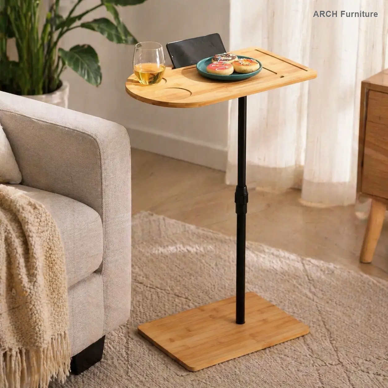 ARCH Bamboo Height-Adjustable C-Shaped End Table - 2-in-1 Modern Furniture, Bamboo/Elevated End Table with Slots, Space-Saving Multipurpose Laptop Snack Desk for Sofa Bed, Easy Assembly Natural Finish, 2-In-1 End Tables
