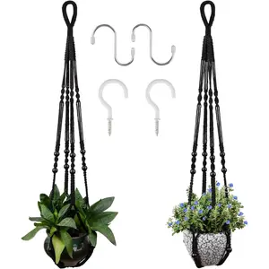 Macrame  Hanger for 5 to 10 Inch  Pots, 35 Inch Woven Rope Hanger Kits with Hooks and  Beads,  Planter Basket for Indoor Boho  Decor (Black, 2 Pack)