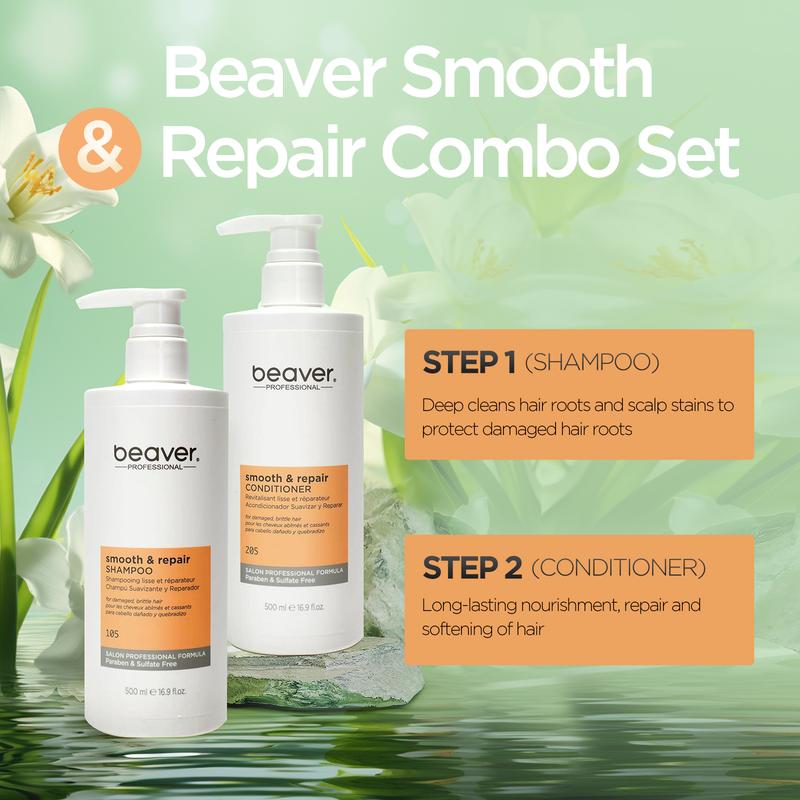 Beaver Professional Smooth & Repair Shampoo & Conditioner Set - 500ml Each for Smooth Hair Care with Aqua Water Formula