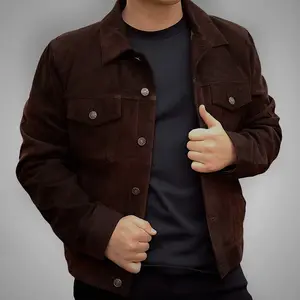 Cuir Jackets Elegant Suede Trucker Jacket - Premium Goat Skin Leather, Brass Snap Buttons, Long Sleeve, Plain Design, Handcrafted Quality, Medium Size